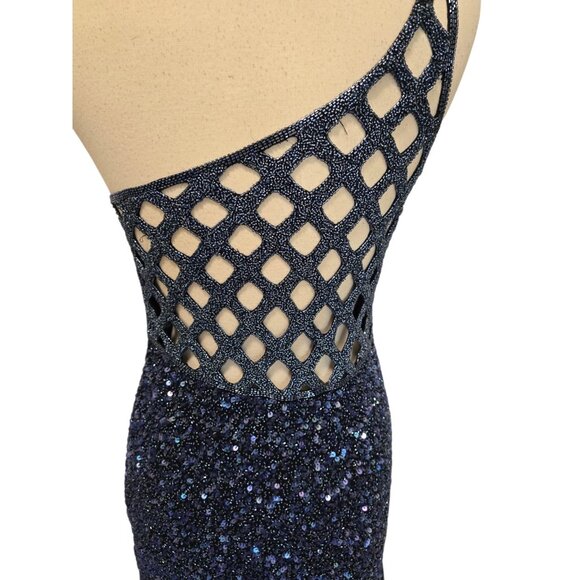90s Vintage Fully Beaded Gown Blue Scala Size XL Silk One Shoulder - Picture 4 of 9